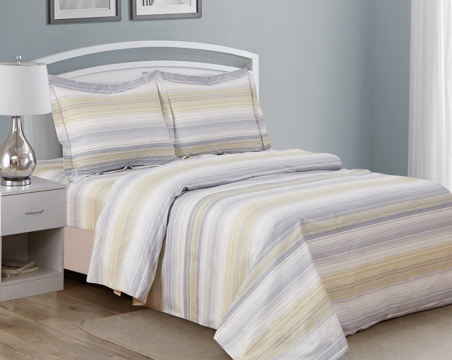 Gold, yellow and grey horizontal-stripe duvet set with two matching shams