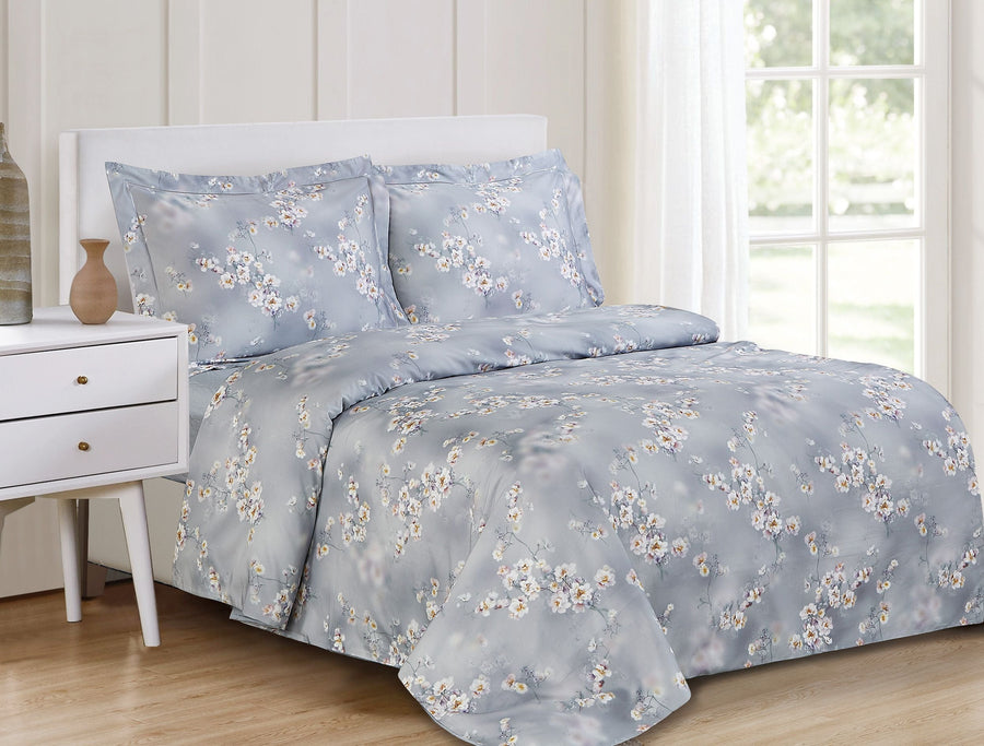 Violet Linen French Garden 8-Piece Cotton Sateen Duvet Set — Blue-Grey with White Blossoms