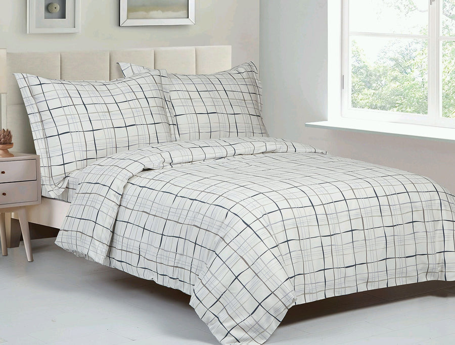 Violet Linen French Windowpane Check 6-Piece Cotton Duvet Set — White & Navy Grid