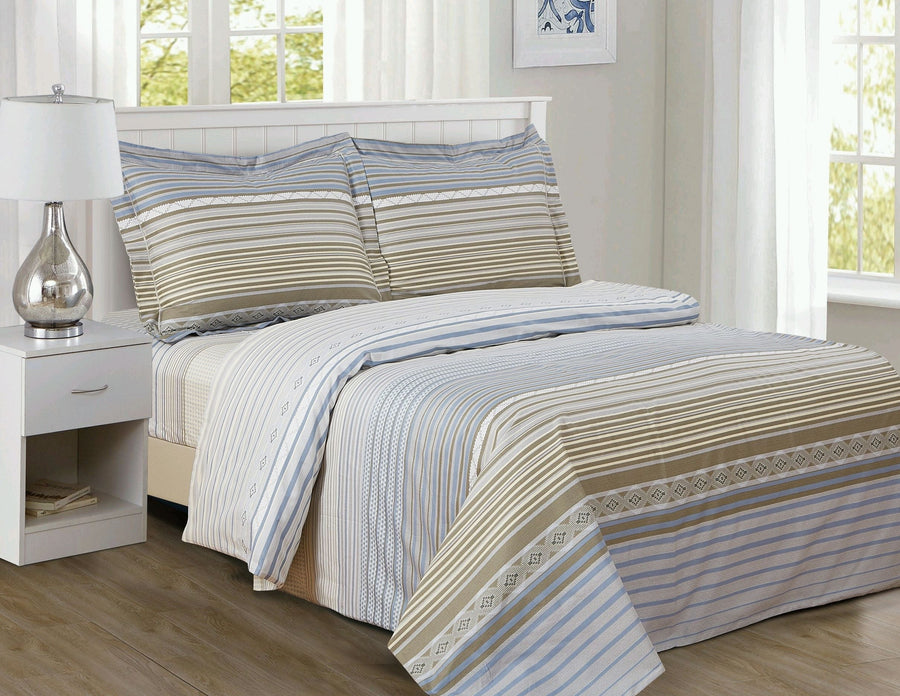 Cotton duvet set in horizontal blue, taupe and cream stripes with small geometric bands, on a bed