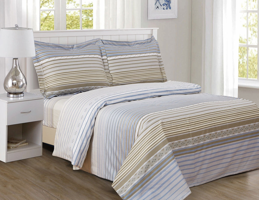 Violet Linen French Heritage 6-Piece Cotton Duvet Set — Blue & Taupe Stripe