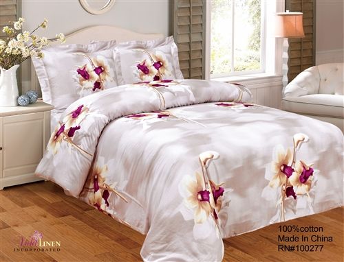 Violet Linen French Lilies 8-Piece Cotton Duvet Set — Ivory with Burgundy Lily Print