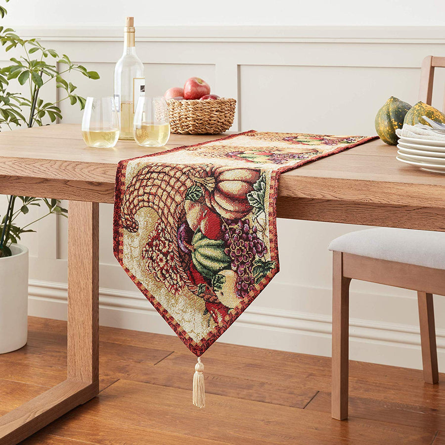 Fall Harvest Thanksgiving Autumn Leaves Sunflowers Fruits Pumpkins Tapestry Pattern Decorative Table Runner