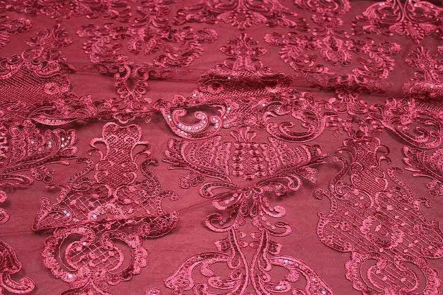 burgundy AINSLEY Embroidered Sheer Sequin Fabric by the Yard - 54 Inch Wide