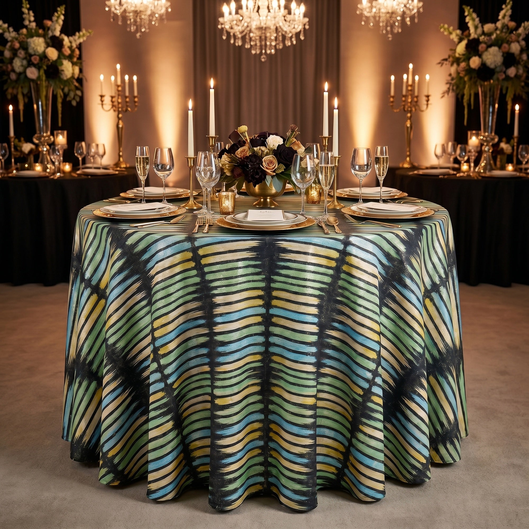 Aurura Green Black Tablecloth — styled table