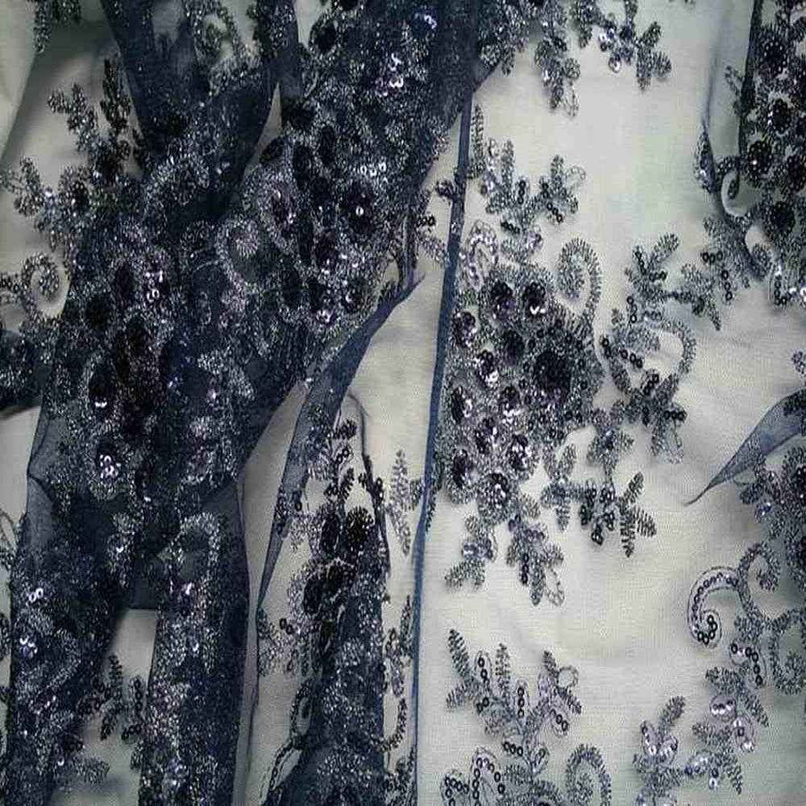 Navy Bristol Glitter Sequin Embroidered Lace Fabric. 54 Inch in Width Fabric by the Yard - 54 Inch Wide