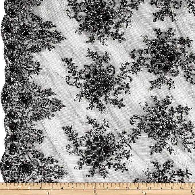 Black Bristol Glitter Sequin Embroidered Lace Fabric. 54 Inch in Width Fabric by the Yard - 54 Inch Wide