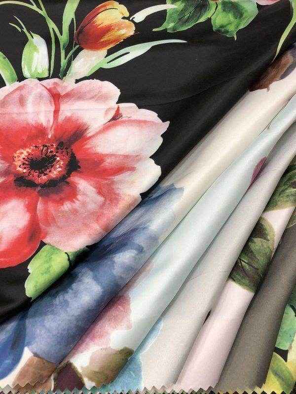 Turquoise TROPICAL Floral Digital Print Satin Fabric - Cotton Hand - 58 Inch. in Width Fabric by the Yard - 58 Inch Wide