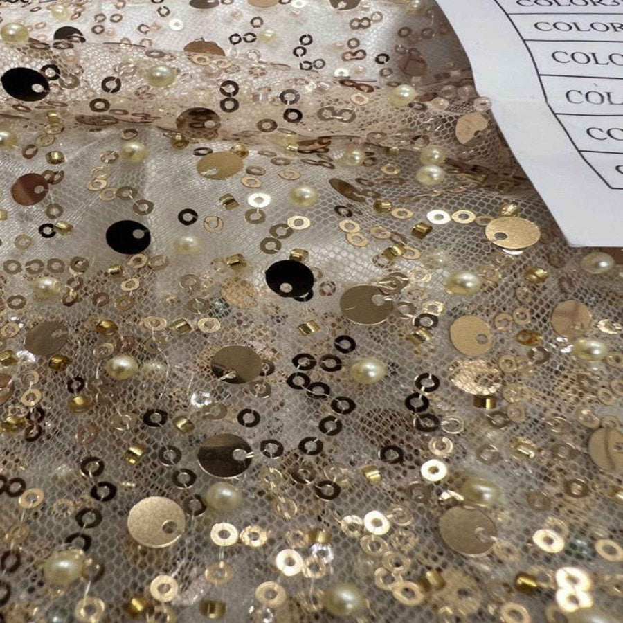 Champagne Soft Tulle Mesh Fabric Heavily Embellished with Sequins Fabric by the Yard - 52 Inch Wide