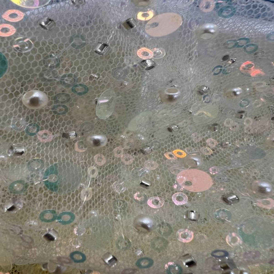 Ivory Soft Tulle Mesh Fabric Heavily Embellished with Sequins Fabric by the Yard - 52 Inch Wide