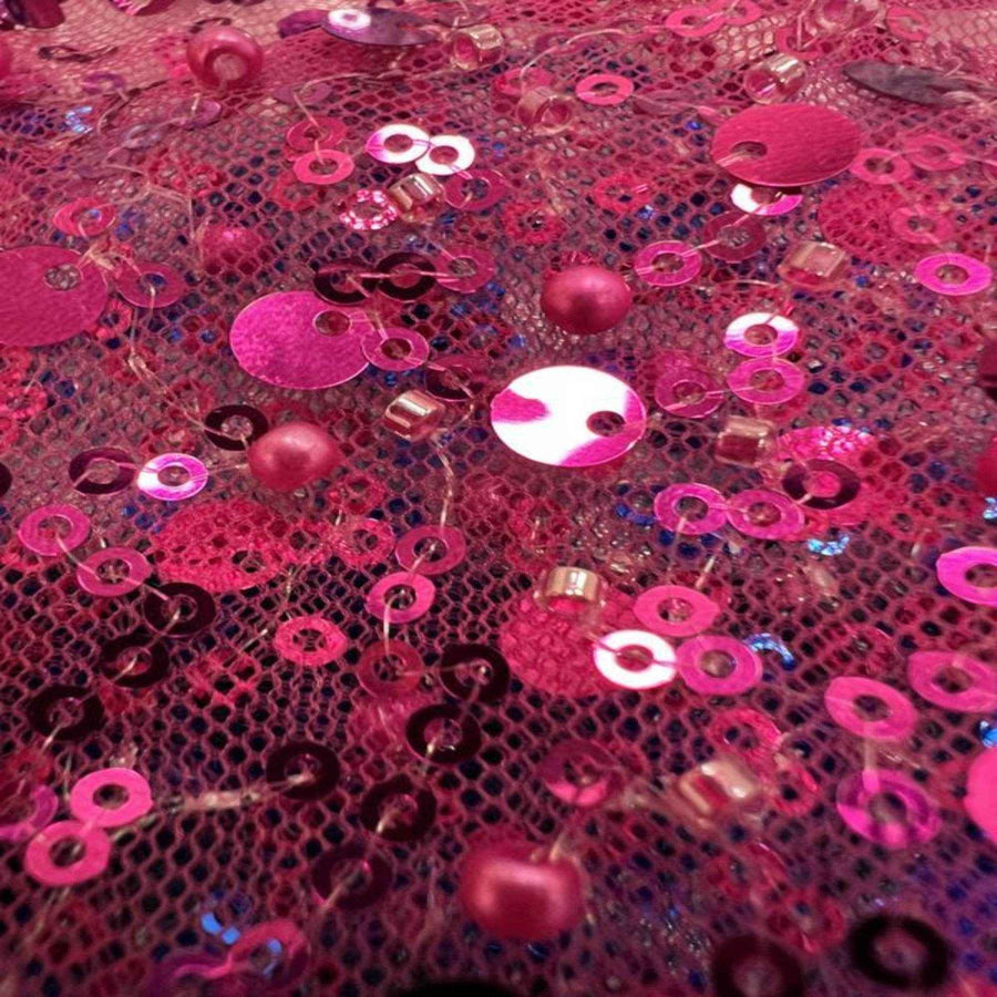 Magenta Soft Tulle Mesh Fabric Heavily Embellished with Sequins Fabric by the Yard - 52 Inch Wide