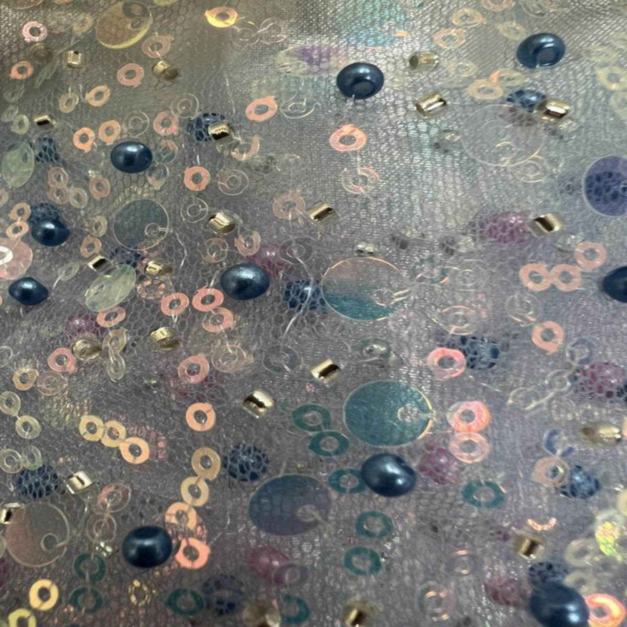 Turquoise Soft Tulle Mesh Fabric Heavily Embellished with Sequins Fabric by the Yard - 52 Inch Wide