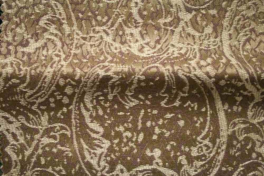 Elegant Brocade Fabric featuring intricate gold patterns on a rich brown background.