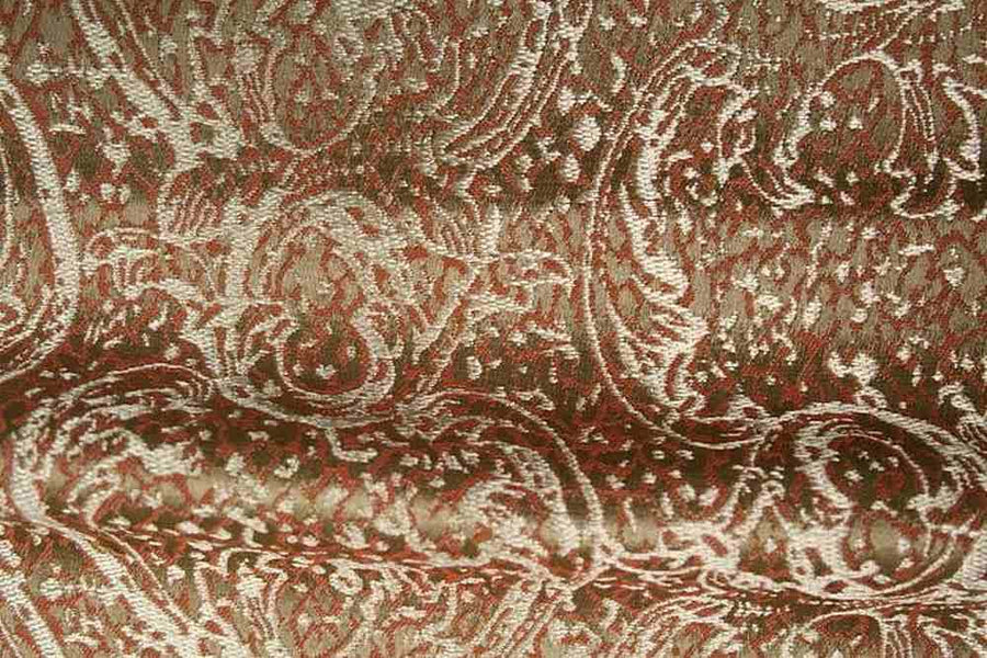 Elegant brocade fabric featuring intricate floral patterns in rich brown and gold tones.