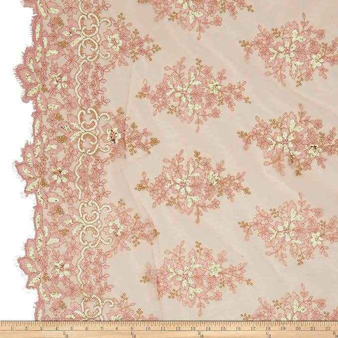 Blush/Gold Rowley Sequin Embroidered Mesh Fabric. Lace Netting Material - 52 Inch in Width Fabric by the Yard - 52 Inch Wide