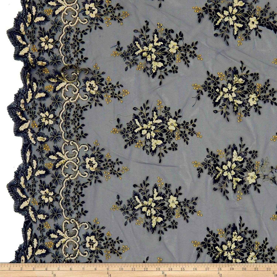 Navy/Gold Rowley Sequin Embroidered Mesh Fabric. Lace Netting Material - 52 Inch in Width Fabric by the Yard - 52 Inch Wide