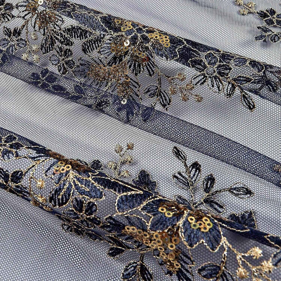 Navy/Gold Rowley Sequin Embroidered Mesh Fabric. Lace Netting Material - 52 Inch in Width Fabric by the Yard - 52 Inch Wide
