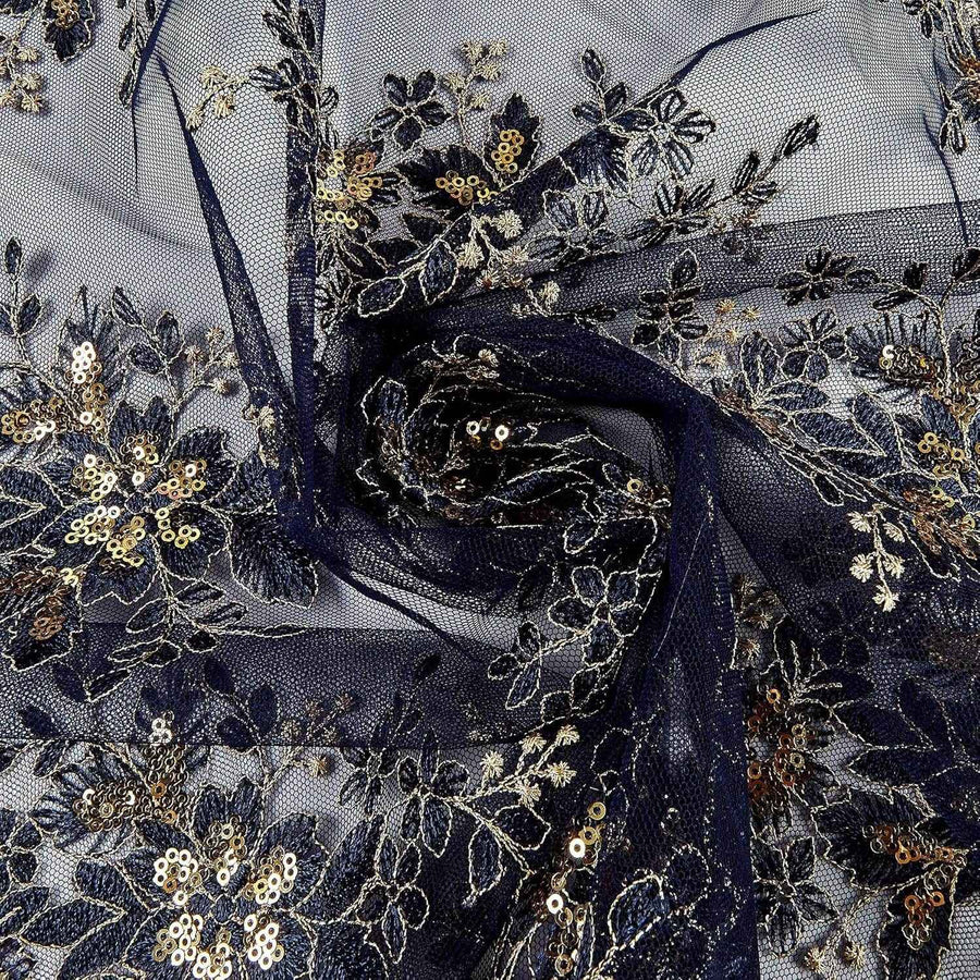 Navy/Gold Rowley Sequin Embroidered Mesh Fabric. Lace Netting Material - 52 Inch in Width Fabric by the Yard - 52 Inch Wide