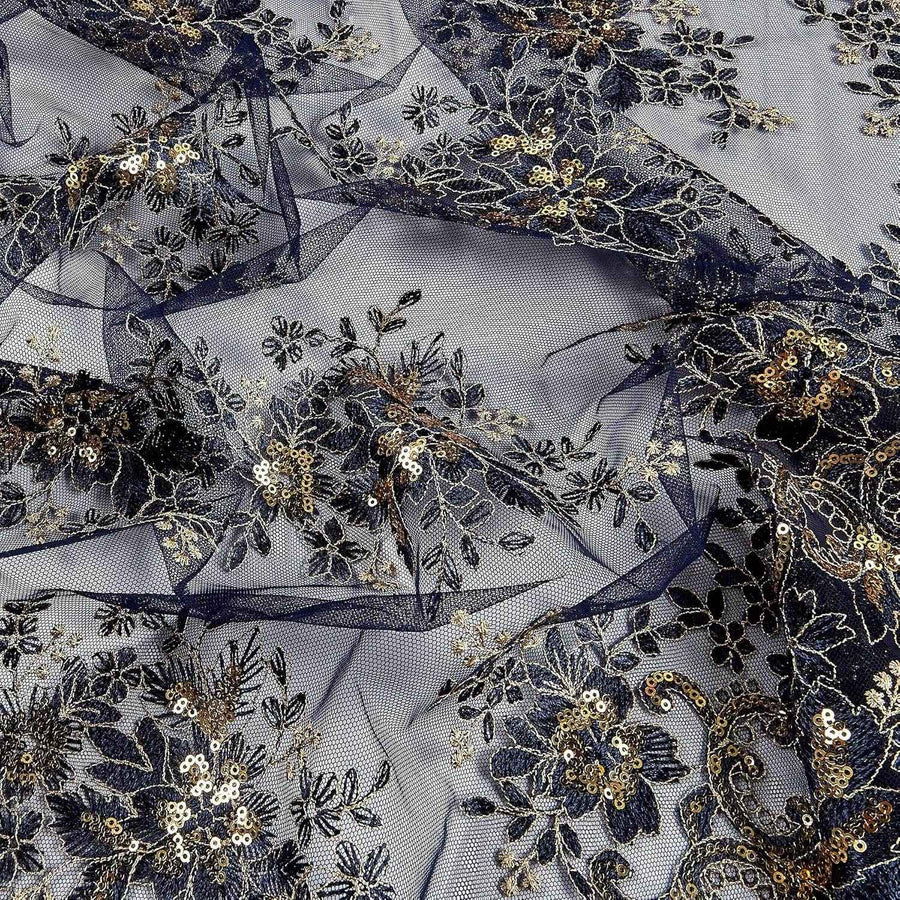 Navy/Gold Rowley Sequin Embroidered Mesh Fabric. Lace Netting Material - 52 Inch in Width Fabric by the Yard - 52 Inch Wide
