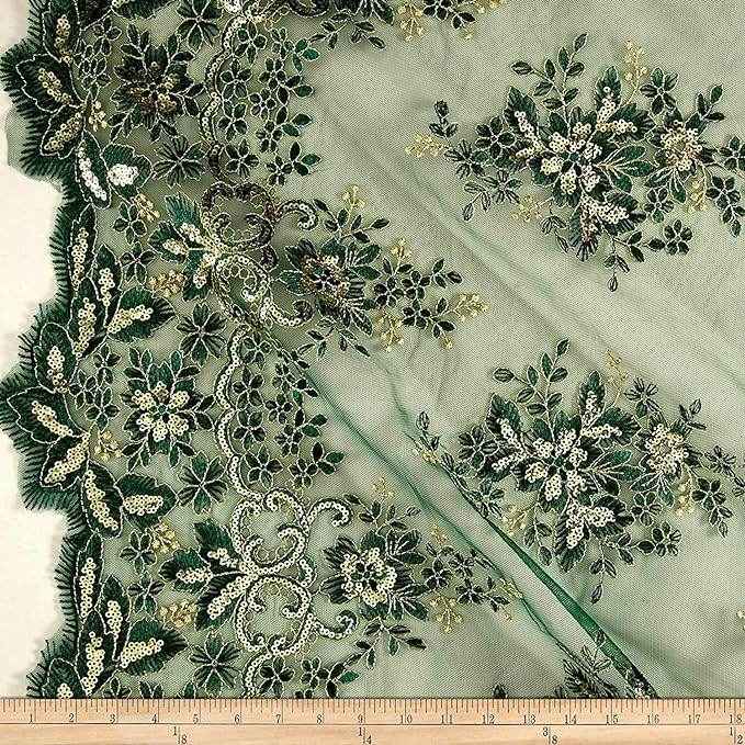 Pine Green/Gold Rowley Sequin Embroidered Mesh Fabric. Lace Netting Material - 52 Inch in Width Fabric by the Yard - 52 Inch Wide
