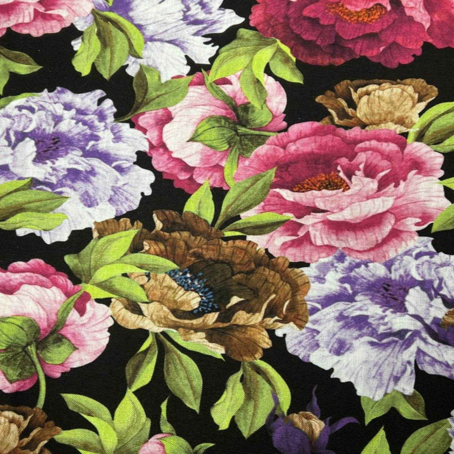 Black SPRING GARDEN Floral Digital Print Fabric - Cotton Hand - 58 Inch. in Width Fabric by the Yard - 58 Inch Wide