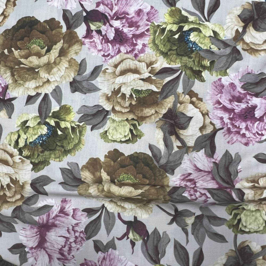 Gold/Lilac SPRING GARDEN Floral Digital Print Fabric - Cotton Hand - 58 Inch. in Width Fabric by the Yard - 58 Inch Wide