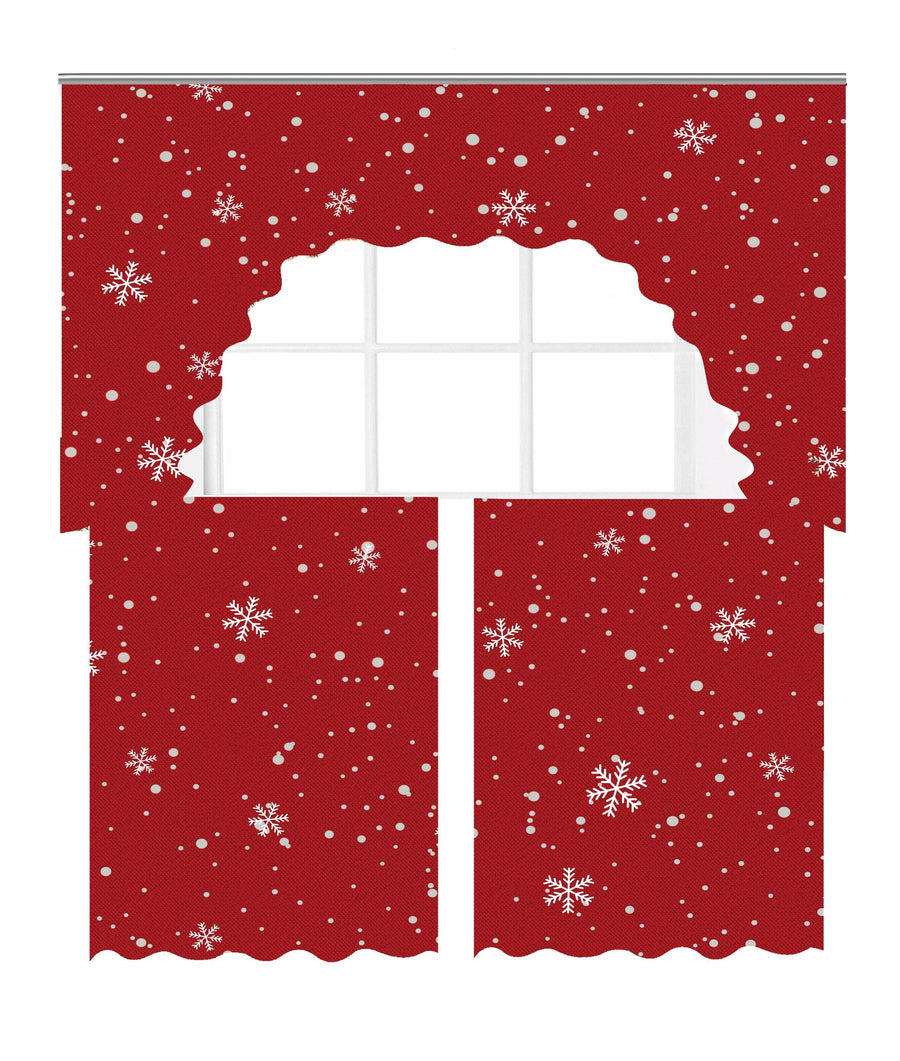 Violet Linen European Christmas Stars and Dots, Snowflakes Pattern, Polyester, Burgundy, 1-Piece  60" x 18", 2-Pieces 30" x 36" Decorative Rod Pocket Kitchen Window Curtain Panel Tiers - Swag Valance