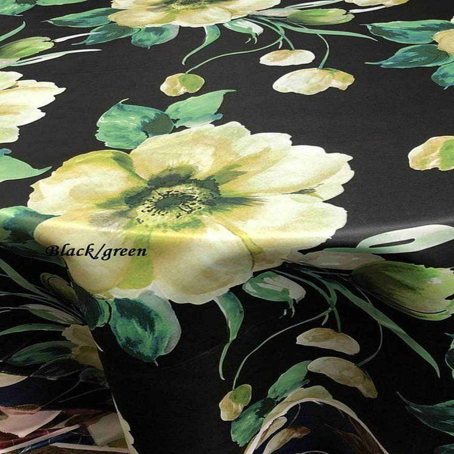 Green/Black TROPICAL Floral Digital Print Satin Fabric - Cotton Hand - 58 Inch. in Width Fabric by the Yard - 58 Inch Wide