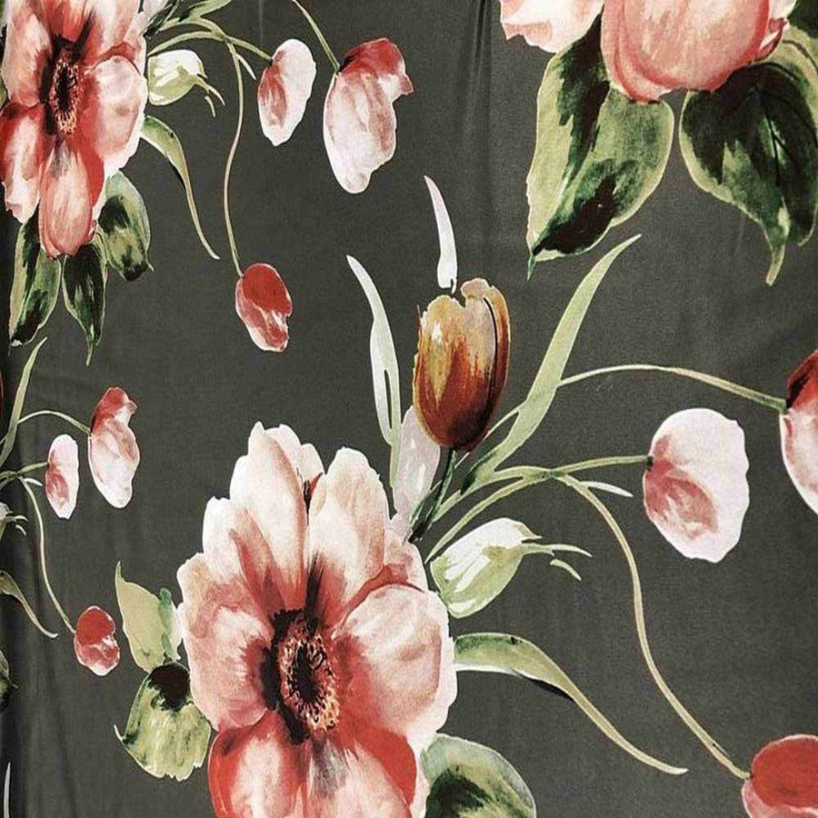 Olive TROPICAL Floral Digital Print Satin Fabric - Cotton Hand - 58 Inch. in Width Fabric by the Yard - 58 Inch Wide