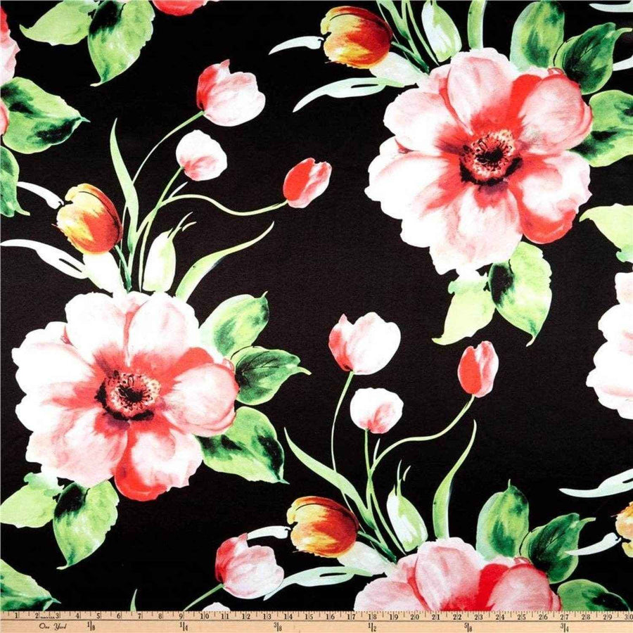 Rose/Black TROPICAL Floral Digital Print Satin Fabric - Cotton Hand - 58 Inch. in Width Fabric by the Yard - 58 Inch Wide