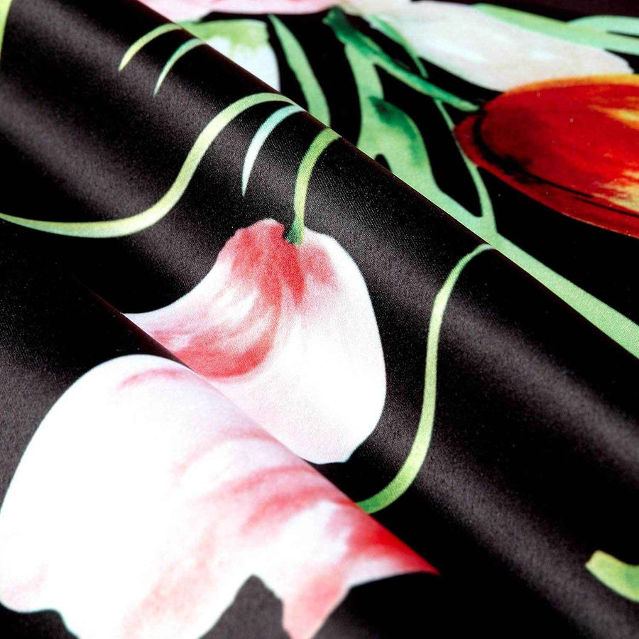 Rose/Black TROPICAL Floral Digital Print Satin Fabric - Cotton Hand - 58 Inch. in Width Fabric by the Yard - 58 Inch Wide