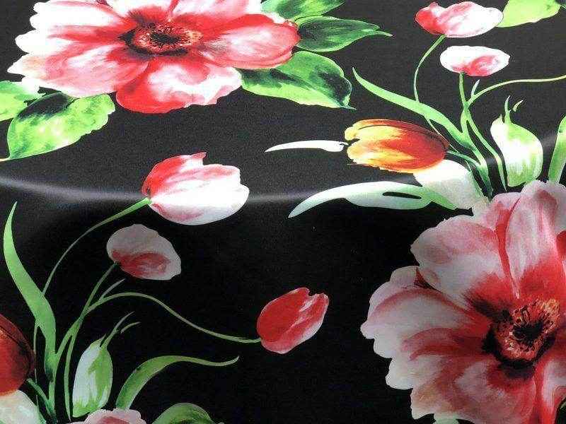 Rose/Black TROPICAL Floral Digital Print Satin Fabric - Cotton Hand - 58 Inch. in Width Fabric by the Yard - 58 Inch Wide