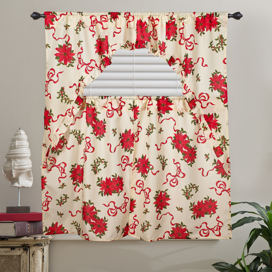 Violet Linen Decorative Christmas Printed Poinsettia Floral Decorative Window Treatment Rod Pocket Kitchen Window Curtain Panel Tiers and Swag Valance