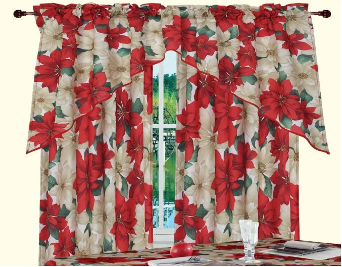 Violet Linen Decorative Christmas Printed Poinsettia Floral Decorative Window Treatment Rod Pocket Kitchen Window Curtain Panel Tiers and Swag Valance