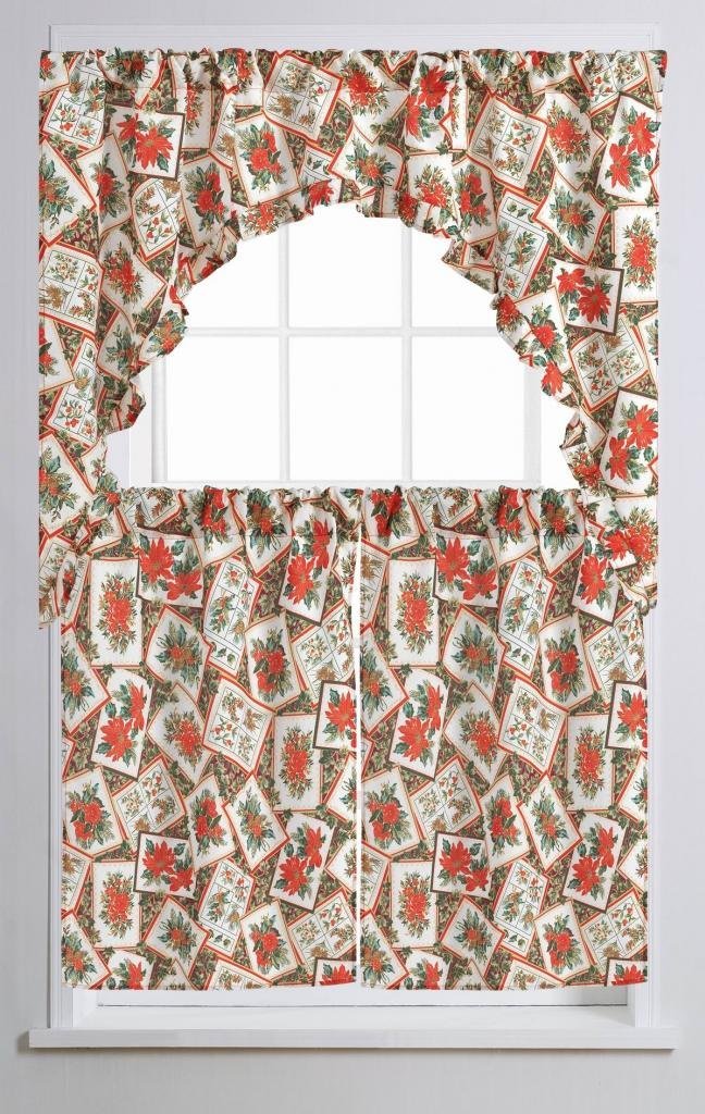 Violet Linen Decorative Christmas Printed Poinsettia Floral Decorative Window Treatment Rod Pocket Kitchen Window Curtain Panel Tiers and Swag Valance