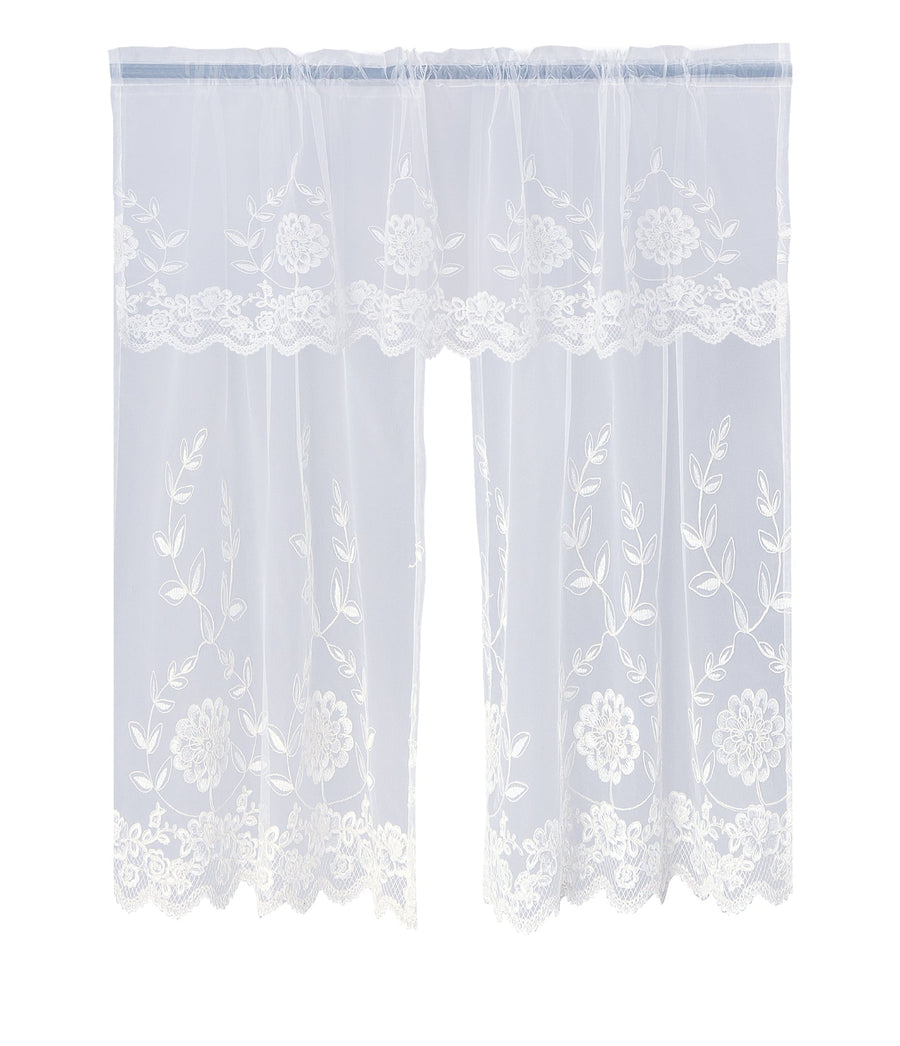 Royalty Decorative Embroidered Sheer Lace Floral Design Decorative Window Treatment Rod Pocket Kitchen Window Curtain Panel Tiers and Swag Valance