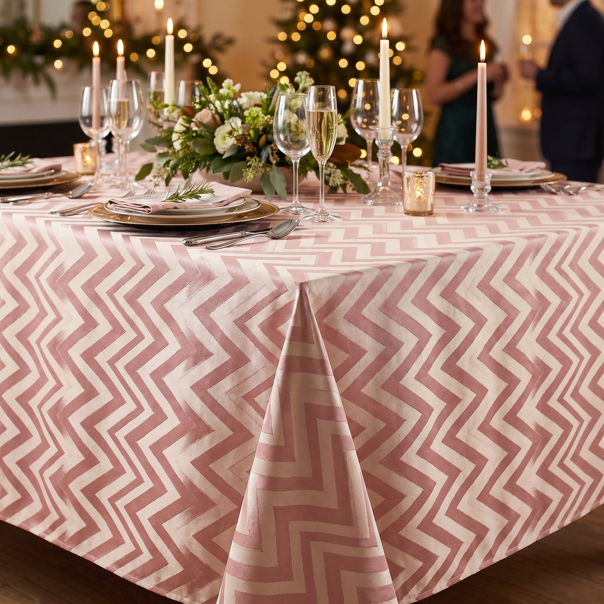 Pink chevron tablecloth at a holiday party